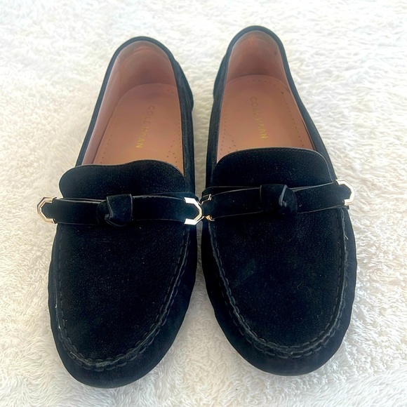 Cole Haan Sz 9 C wide Black Suede Loafers Knot Tie Silver tips Driving Loafers - Picture 1 of 13